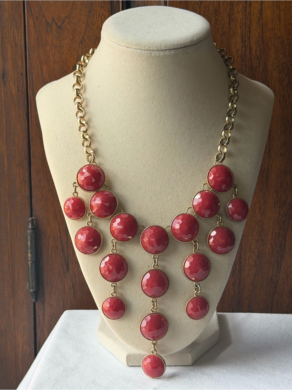 Burnt Coral Faceted Bib Statement Necklace Gold Tone Cascade Necklace